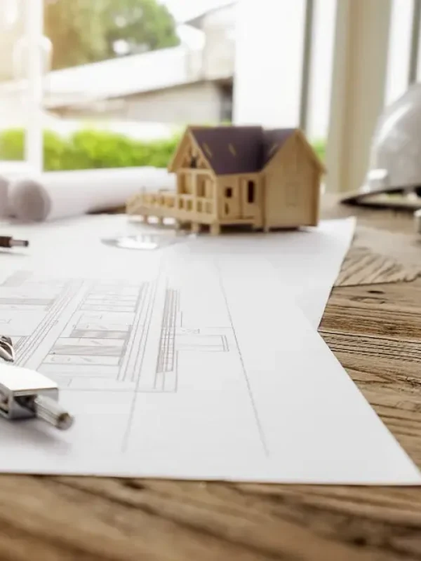 Planos arquitectónicos y maqueta de casa sobre una mesa